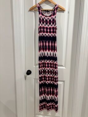Sleeveless Navy and Pink Patterned Maxi Dress